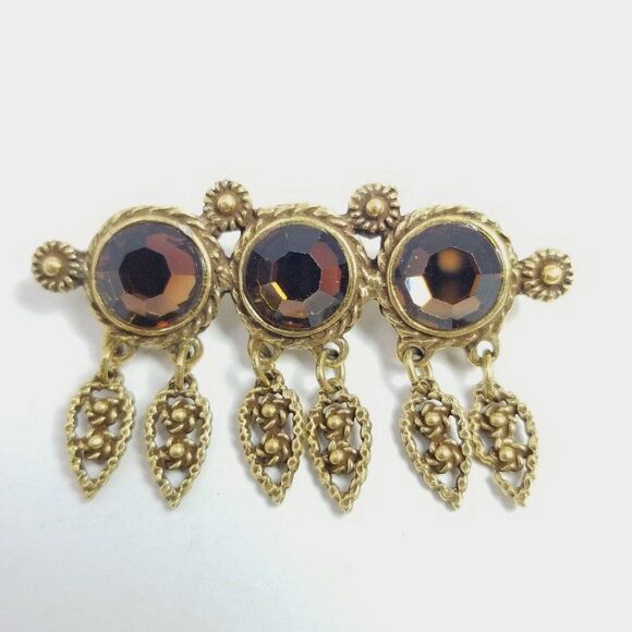 Vintage Brown Rhinestone Brooch Dangle Drop Shape Charms Gold Tone Lapel Pin - Picture 6 of 6